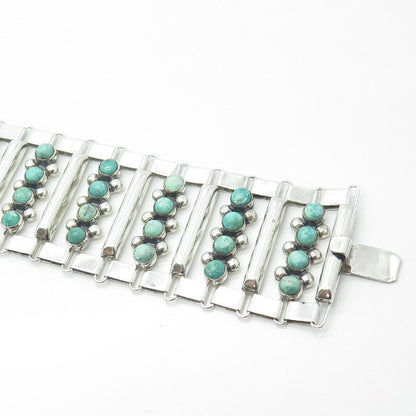 925 Sterling Silver Vintage Mexico Turquoise Gem Panel Link Heavy Bracelet 7.5"