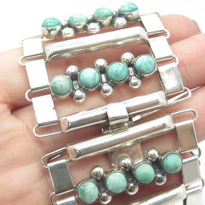 925 Sterling Silver Vintage Mexico Turquoise Gem Panel Link Heavy Bracelet 7.5"