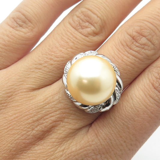 925 Sterling Silver Faux Pearl & C Z Ring Size 9.5