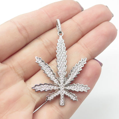 925 Sterling Silver Pave C Z Hemp Leaf Pendant