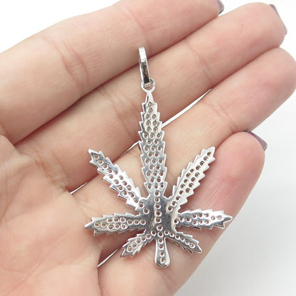 925 Sterling Silver Pave C Z Hemp Leaf Pendant