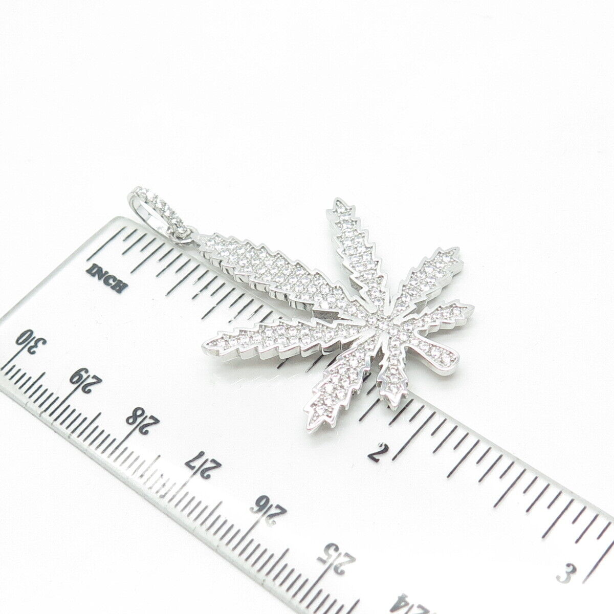 925 Sterling Silver Pave C Z Hemp Leaf Pendant