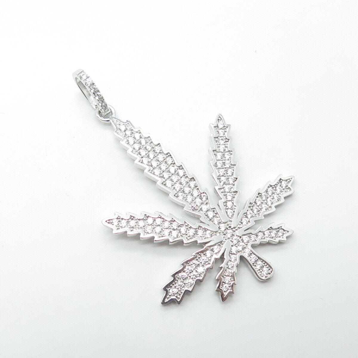 925 Sterling Silver Pave C Z Hemp Leaf Pendant