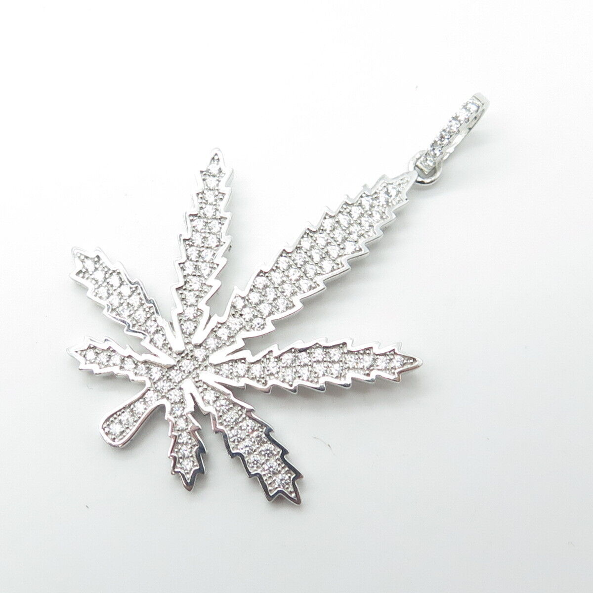 925 Sterling Silver Pave C Z Hemp Leaf Pendant