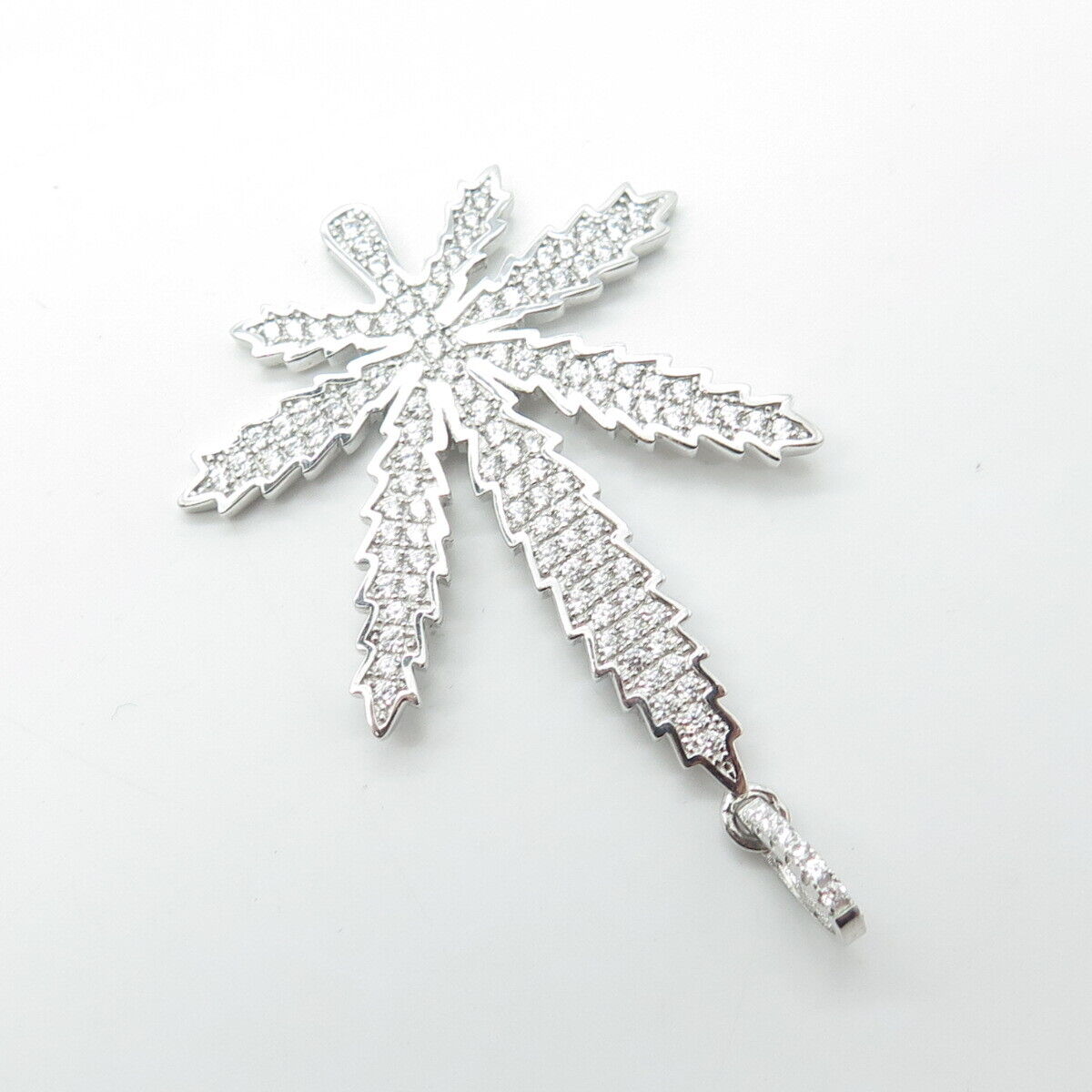 925 Sterling Silver Pave C Z Hemp Leaf Pendant