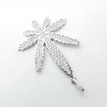 925 Sterling Silver Pave C Z Hemp Leaf Pendant