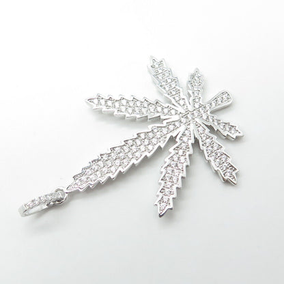 925 Sterling Silver Pave C Z Hemp Leaf Pendant