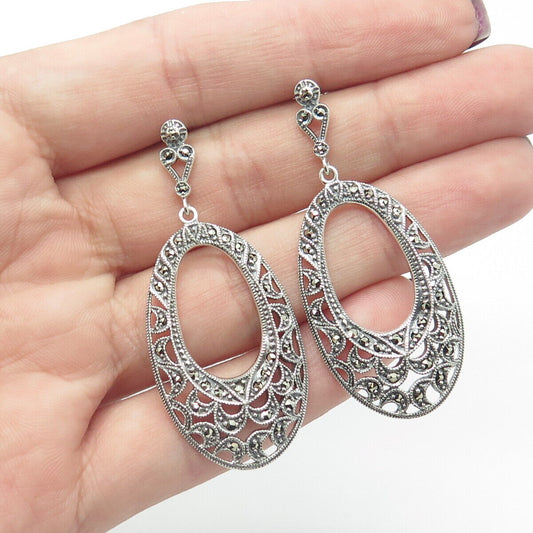 925 Sterling Silver Vintage Real Marcasite Gemstone Ornate Dangling Earrings