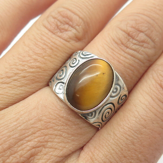 SHUBE 925 Sterling Silver Vintage Southwestern Real Tiger Eye Spiral Ring Size 7