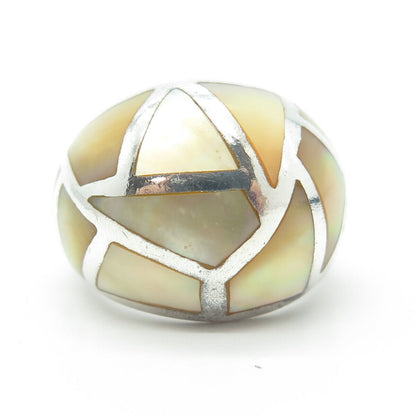 ALF & CO. 925 Sterling Silver Vintage Real Mother-of-Pearl Dome Ring Size 8.75