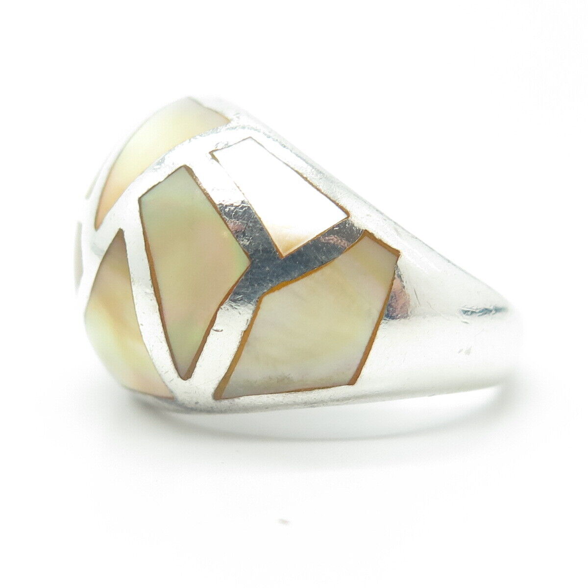 ALF & CO. 925 Sterling Silver Vintage Real Mother-of-Pearl Dome Ring Size 8.75