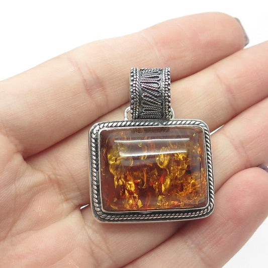 LORI BONN 925 Sterling Silver Vintage Real Amber Ethnic Pendant