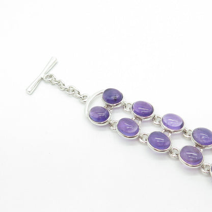 925 Sterling Silver Vintage Real Amethyst Gemstone Tennis Link Bracelet 8.5"