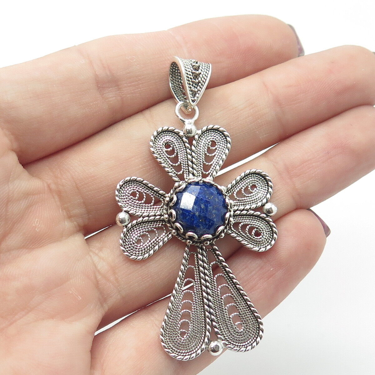 925 Sterling Silver Vintage Turkey Real Lapis Lazuli Gem Filigree Cross Pendant