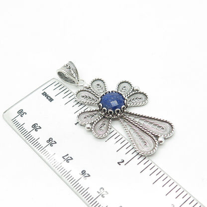 925 Sterling Silver Vintage Turkey Real Lapis Lazuli Gem Filigree Cross Pendant