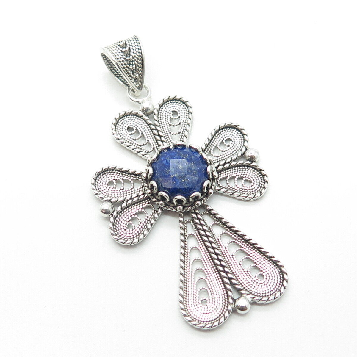 925 Sterling Silver Vintage Turkey Real Lapis Lazuli Gem Filigree Cross Pendant