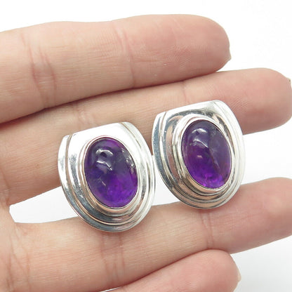 925 Sterling Silver Vintage Mexico Real Amethyst Modernist Screw Back Earrings