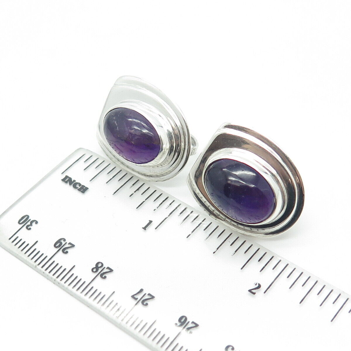 925 Sterling Silver Vintage Mexico Real Amethyst Modernist Screw Back Earrings