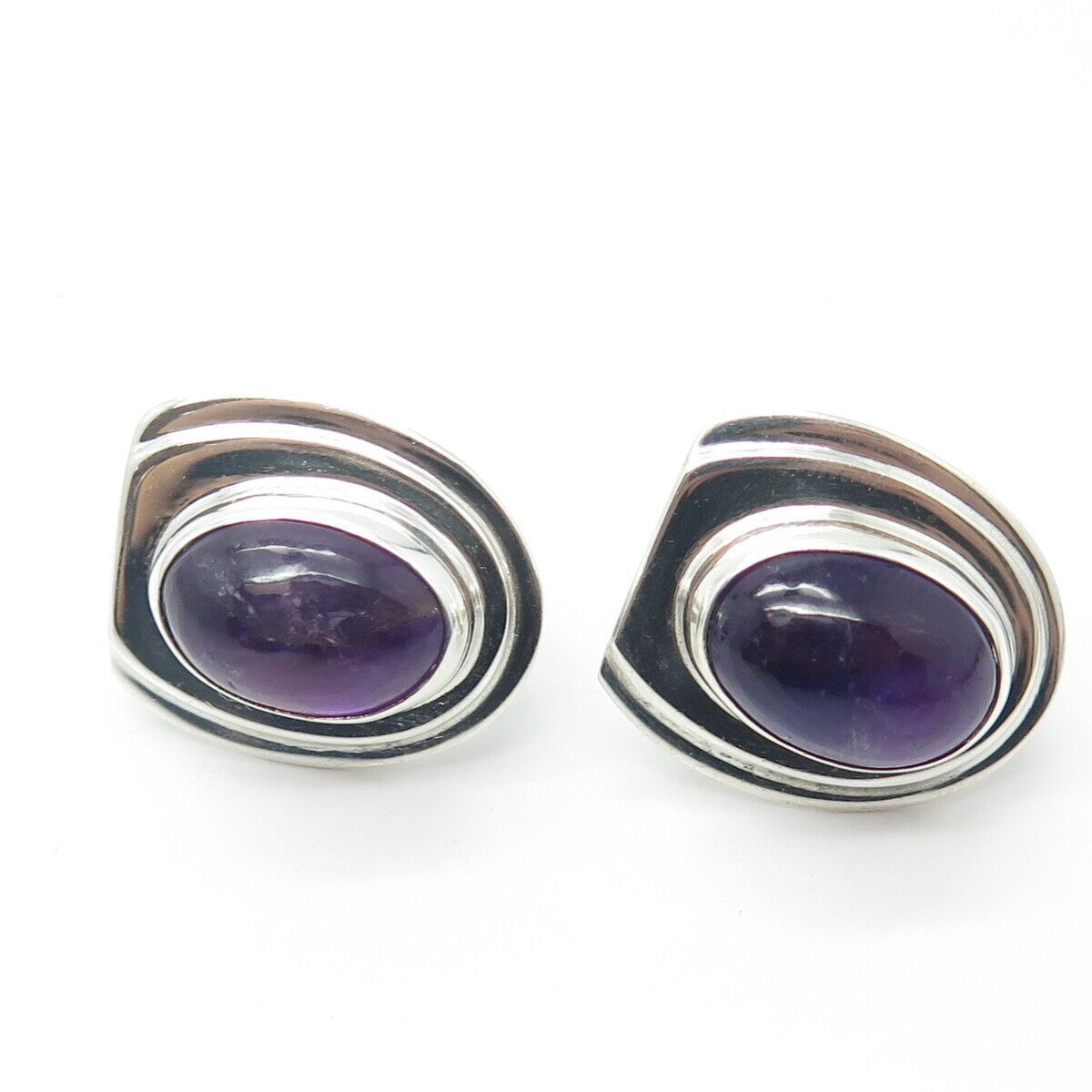 925 Sterling Silver Vintage Mexico Real Amethyst Modernist Screw Back Earrings