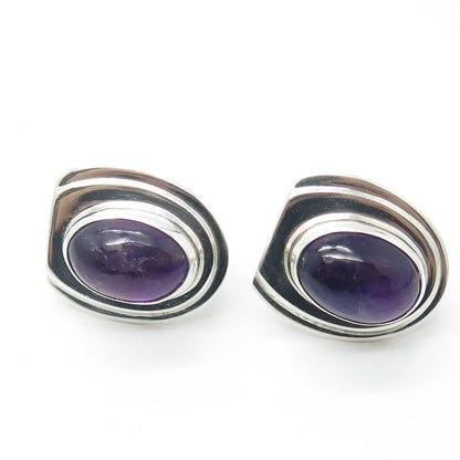 925 Sterling Silver Vintage Mexico Real Amethyst Modernist Screw Back Earrings