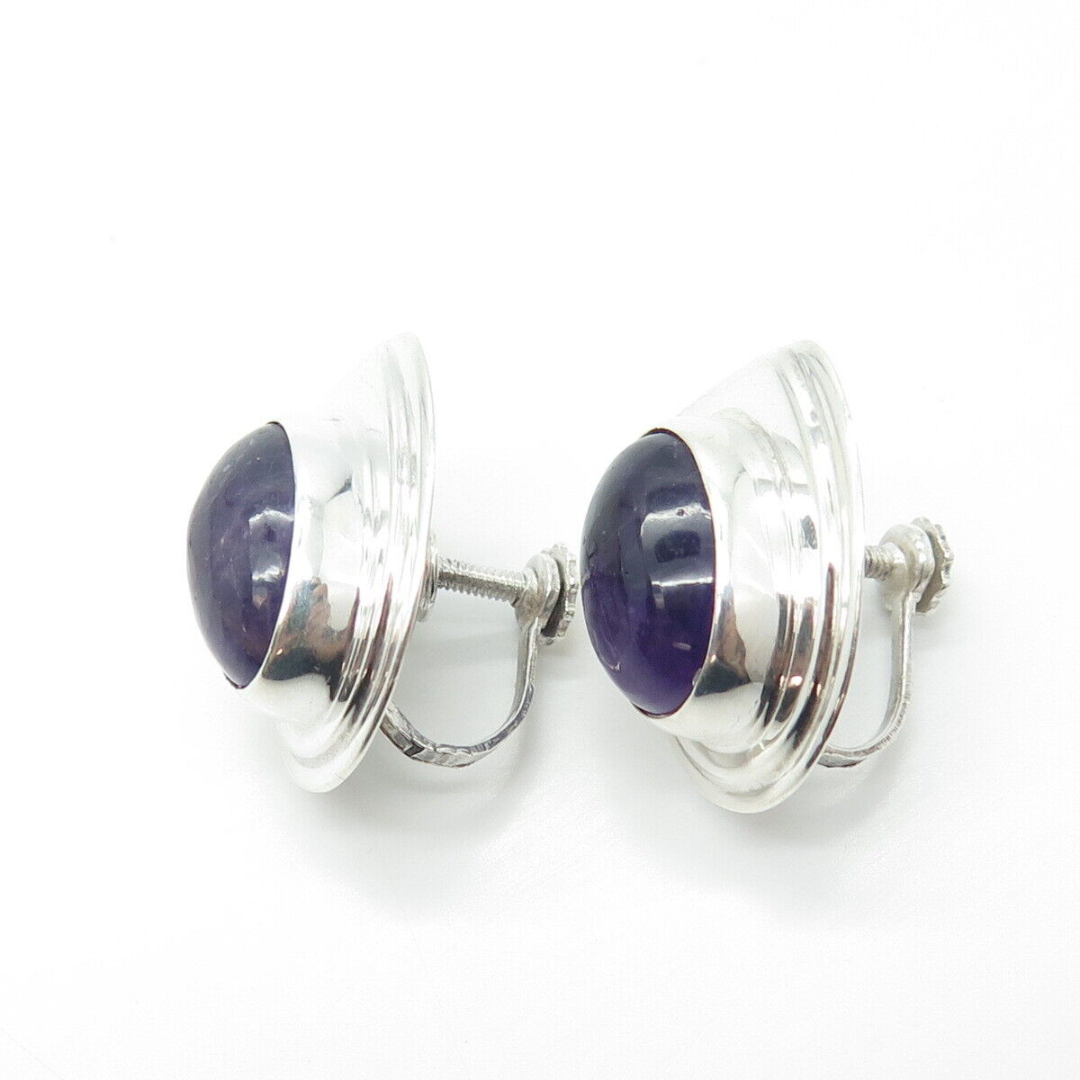 925 Sterling Silver Vintage Mexico Real Amethyst Modernist Screw Back Earrings