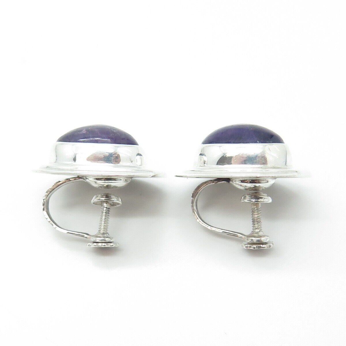 925 Sterling Silver Vintage Mexico Real Amethyst Modernist Screw Back Earrings