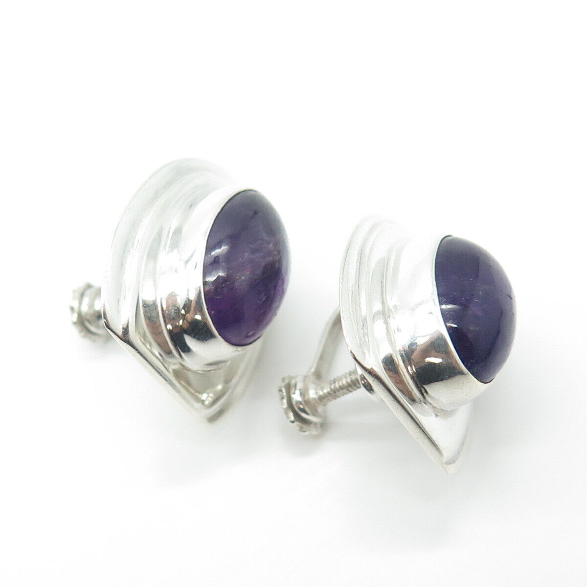 925 Sterling Silver Vintage Mexico Real Amethyst Modernist Screw Back Earrings