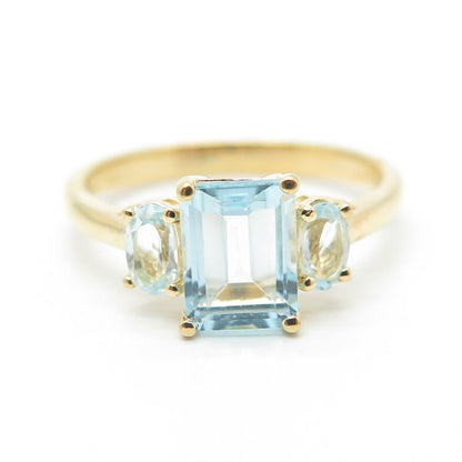 925 Sterling Silver Gold Plated Real Multi-Cut Blue Topaz Engagement Ring Size 9