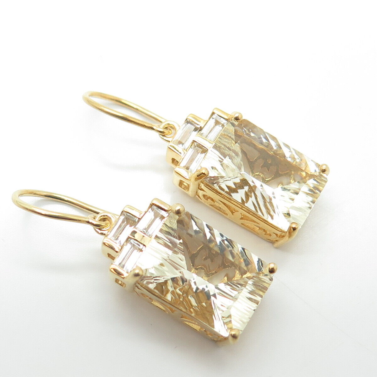 925 Sterling Silver Gold Plated Real Citrine & White Topaz Dangling Earrings