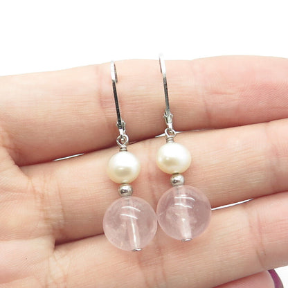 925 Sterling Silver Real Pearl & Rose Quartz Beaded Dangling Earrings