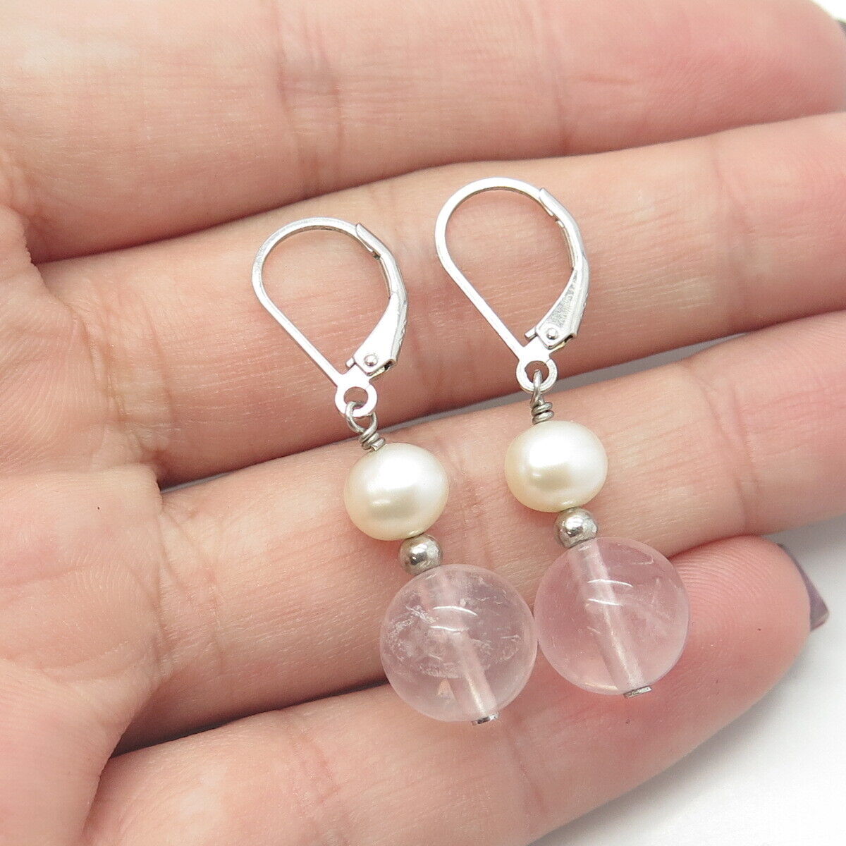 925 Sterling Silver Real Pearl & Rose Quartz Beaded Dangling Earrings