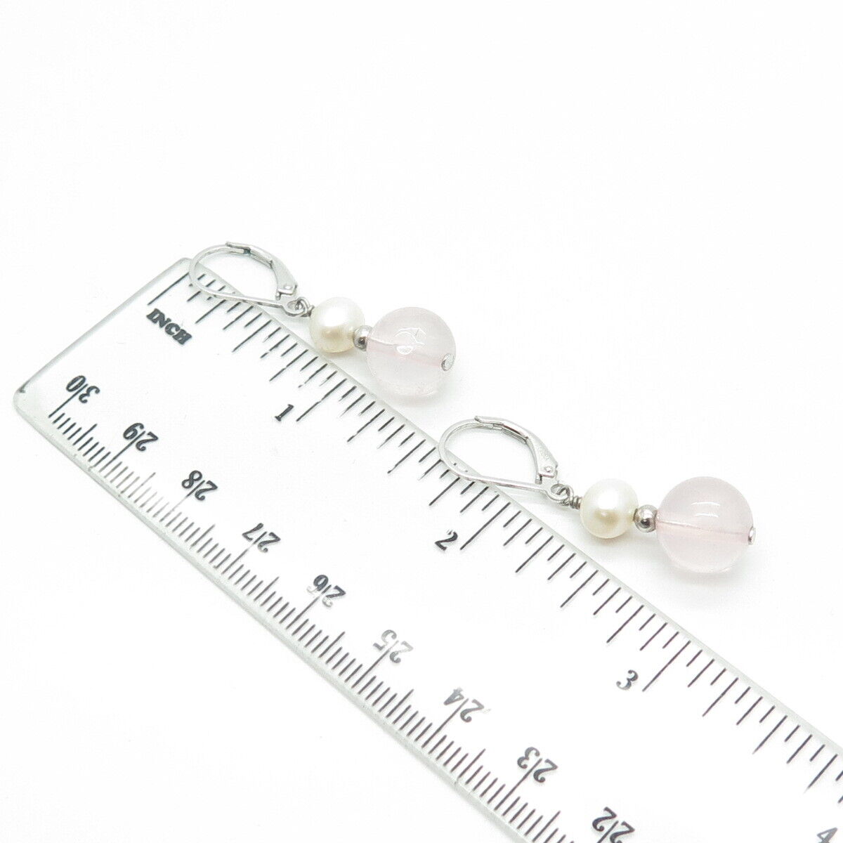 925 Sterling Silver Real Pearl & Rose Quartz Beaded Dangling Earrings