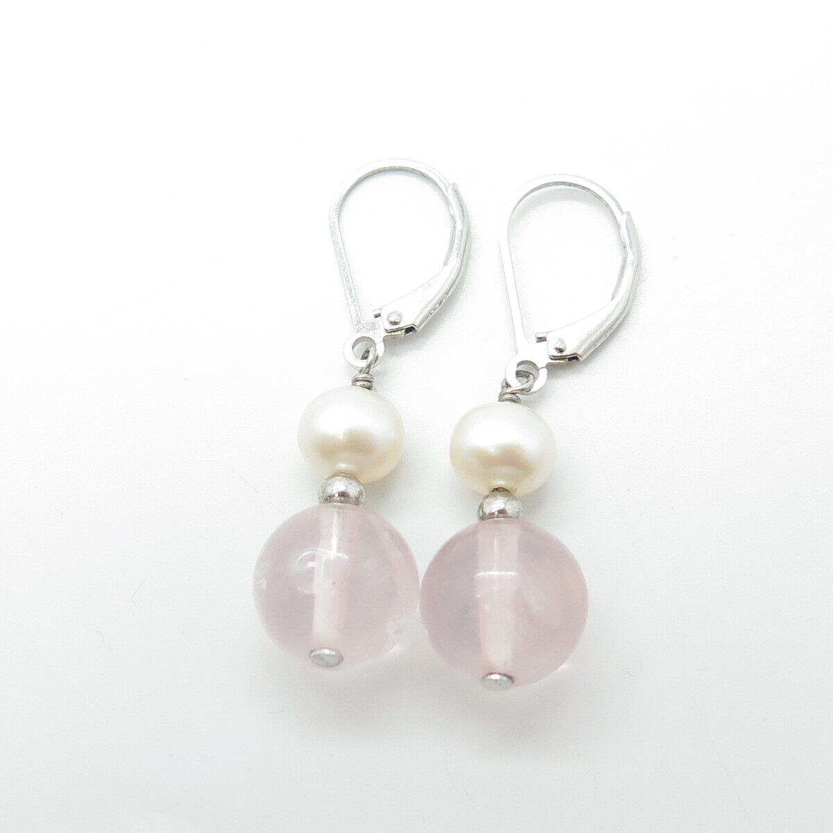 925 Sterling Silver Real Pearl & Rose Quartz Beaded Dangling Earrings