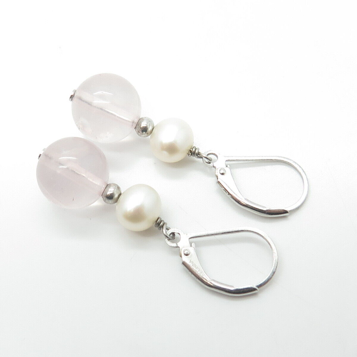 925 Sterling Silver Real Pearl & Rose Quartz Beaded Dangling Earrings