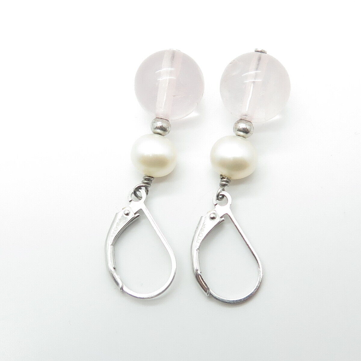 925 Sterling Silver Real Pearl & Rose Quartz Beaded Dangling Earrings