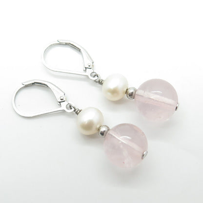 925 Sterling Silver Real Pearl & Rose Quartz Beaded Dangling Earrings