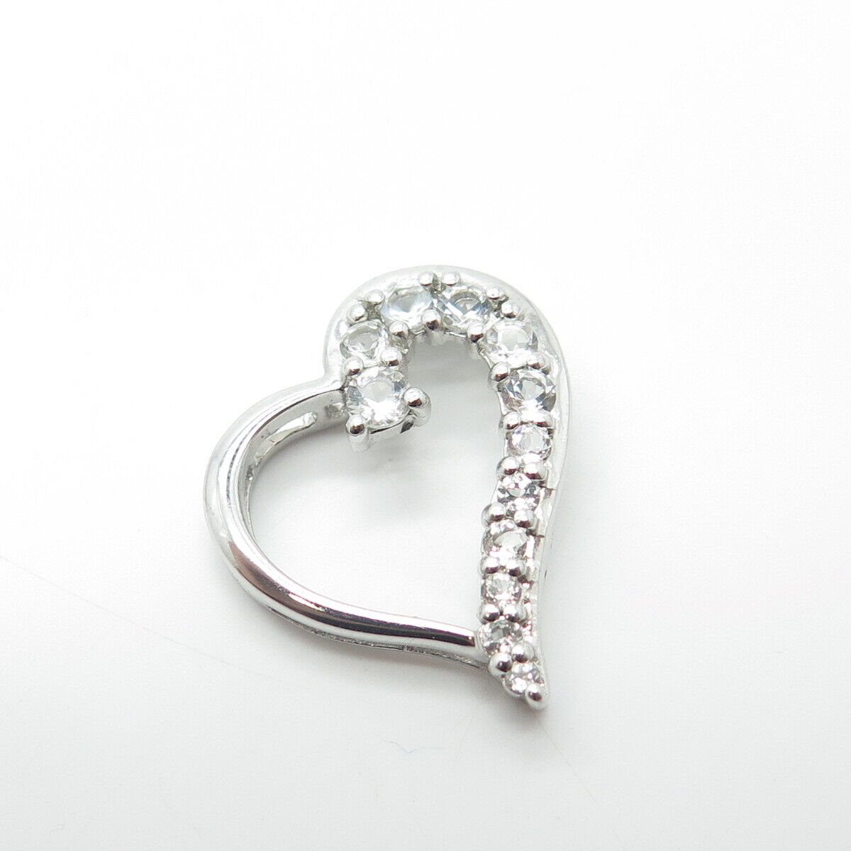 925 Sterling Silver Real White Topaz Gem Open Heart Slide Pendant