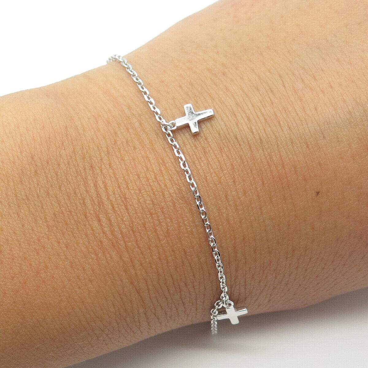 925 Sterling Silver Cross Charms Rolo Link Bracelet 10"