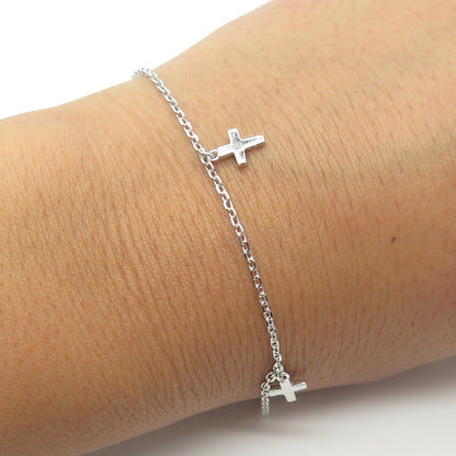 925 Sterling Silver Cross Charms Rolo Link Bracelet 10"