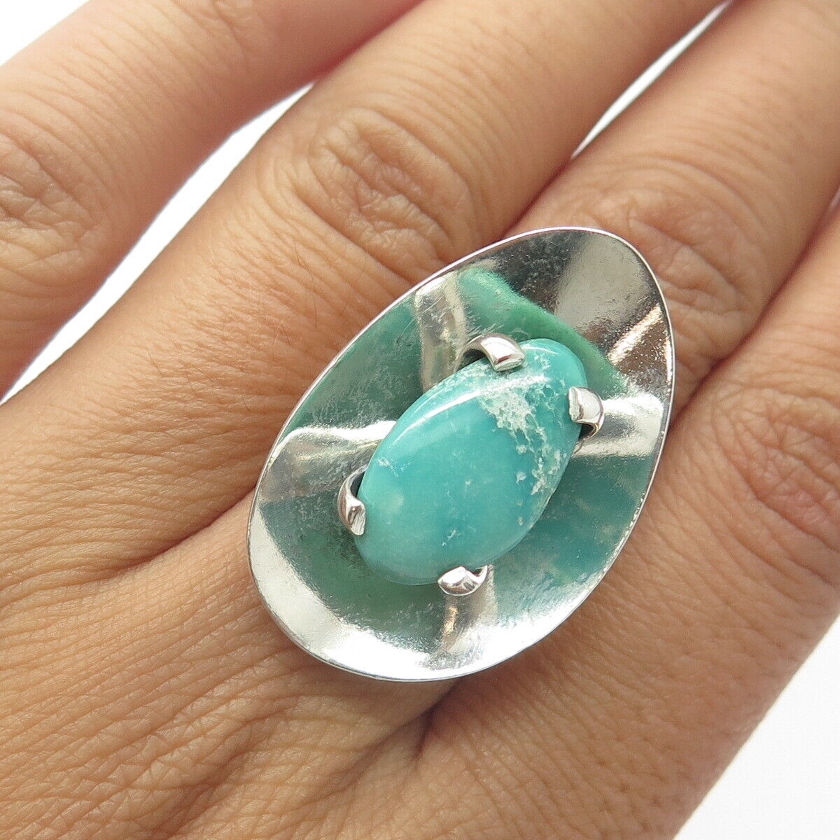 925 Sterling Silver Vintage AE Mexico Turquoise Modernist Adjustable Ring Size 6