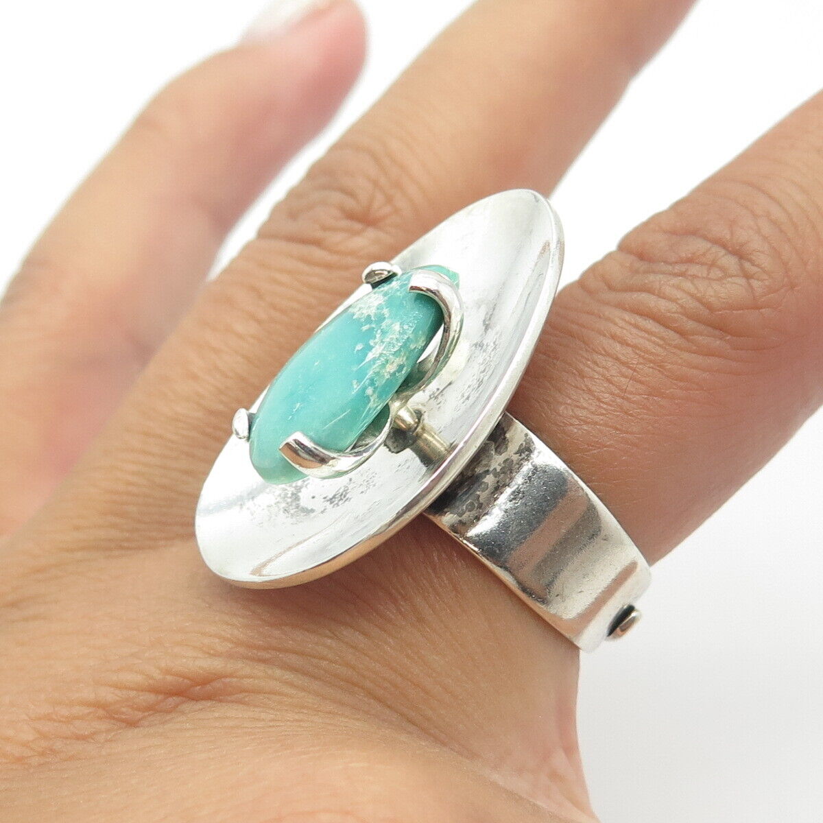 925 Sterling Silver Vintage AE Mexico Turquoise Modernist Adjustable Ring Size 6