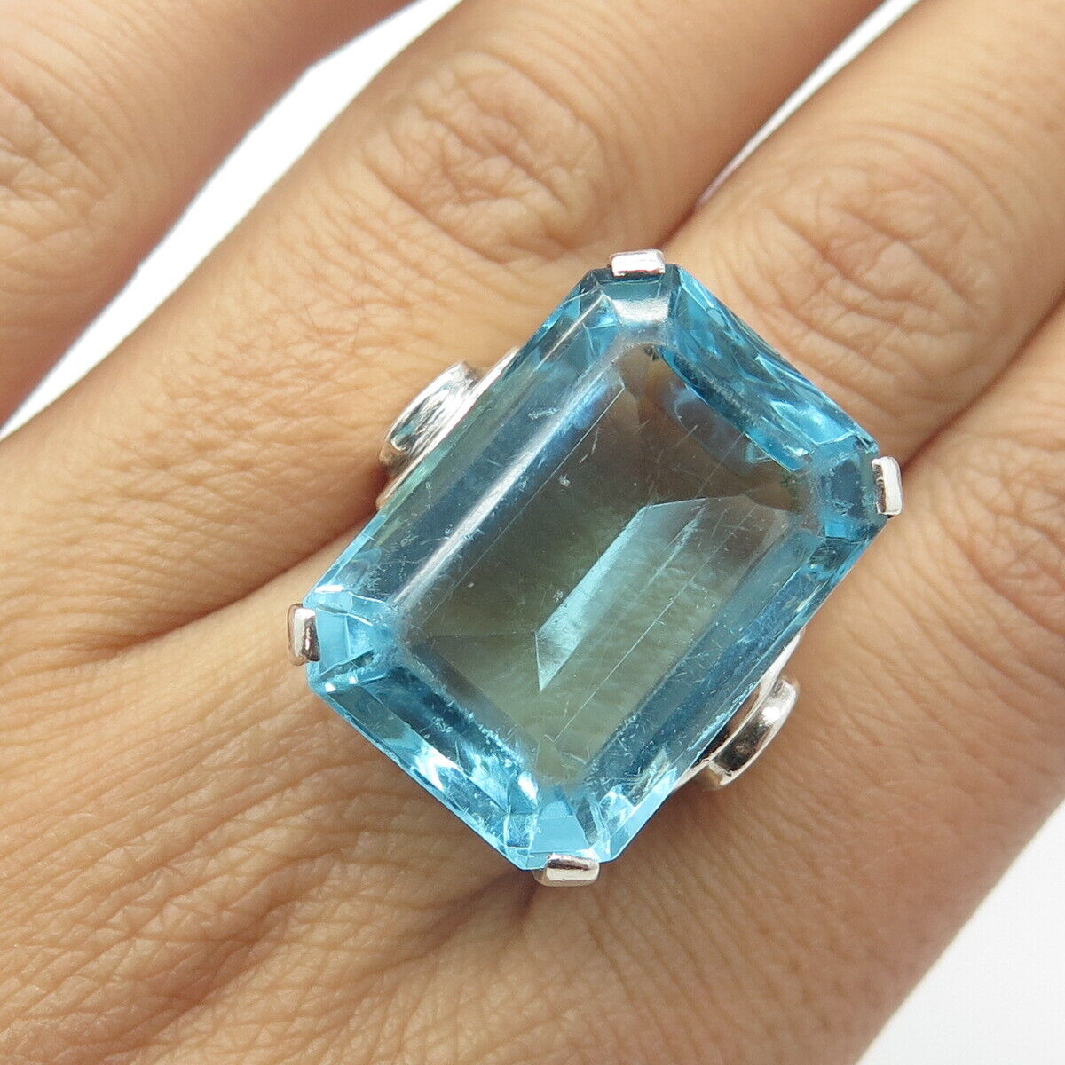 925 Sterling Silver Vintage Blue Glass Ring Size 7.75