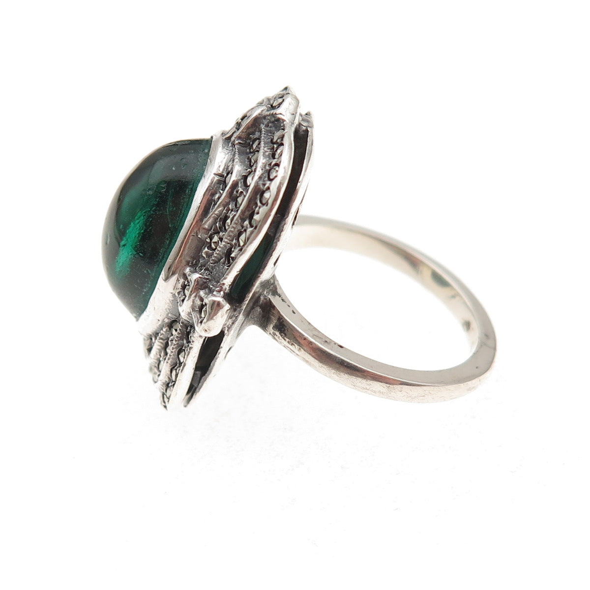 925 Sterling Silver Antique Art Deco Real Marcasite & Green Glass Ring Size 4
