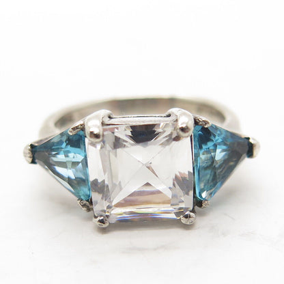 925 Sterling Silver Vintage Princess White & Blue C Z Engagement Ring Size 5.5