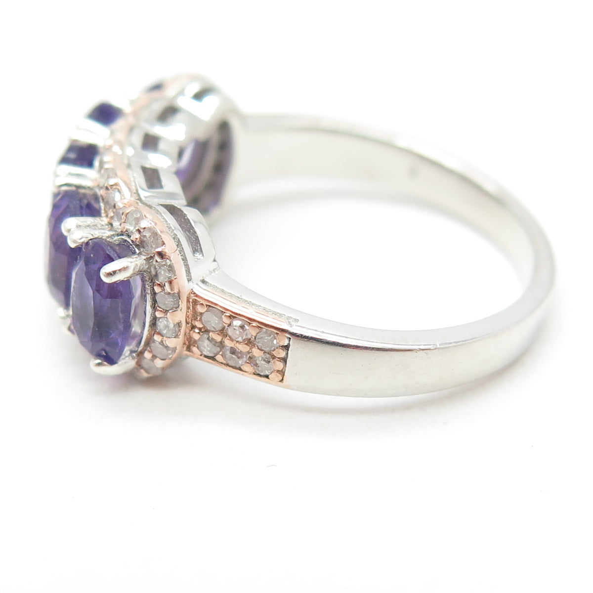 925 Sterling Silver 2-Tone Real Round-Cut Diamond & Amethyst Ring Size 7.25