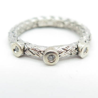 925 Sterling Silver Real Round-Cut Diamond Woven Ring Size 4.75