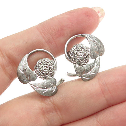 925 Sterling Silver Antique Art Deco Real Marcasite Floral Screw Back Earrings