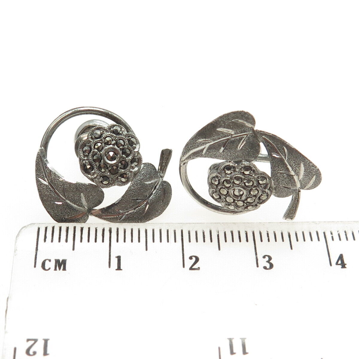 925 Sterling Silver Antique Art Deco Real Marcasite Floral Screw Back Earrings