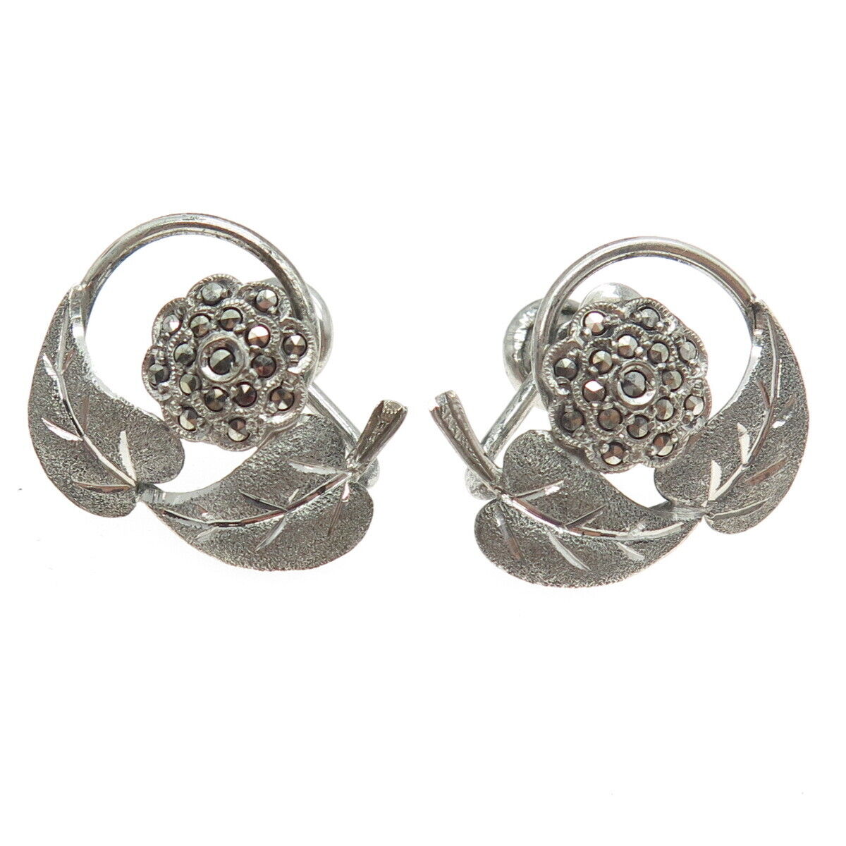 925 Sterling Silver Antique Art Deco Real Marcasite Floral Screw Back Earrings