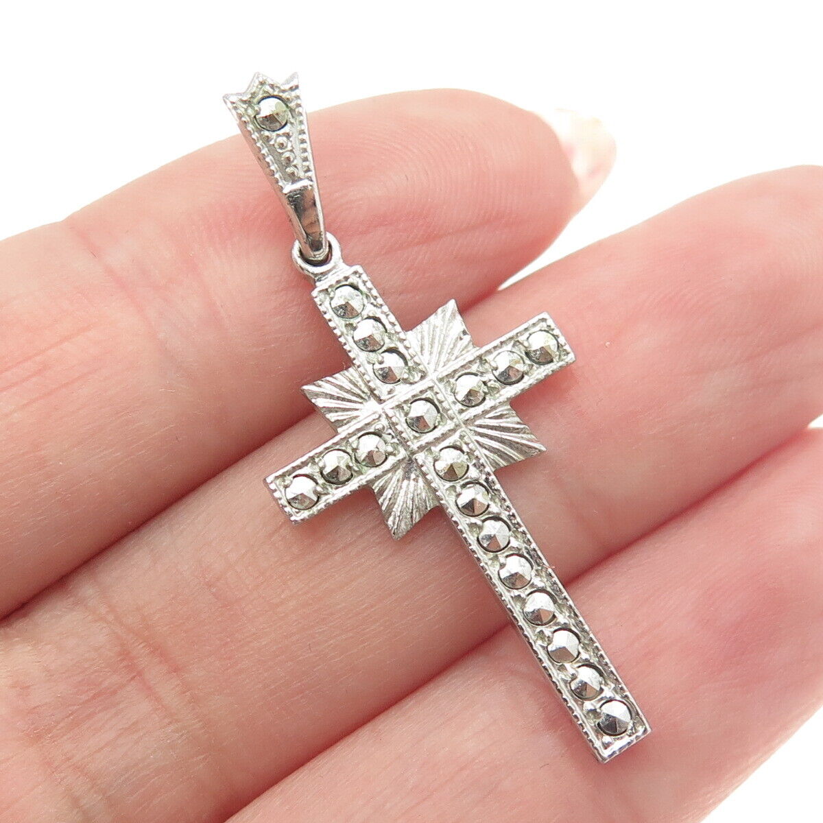 ANN GALE 925 Sterling Silver Antique Art Deco Real Marcasite Gem Cross Pendant